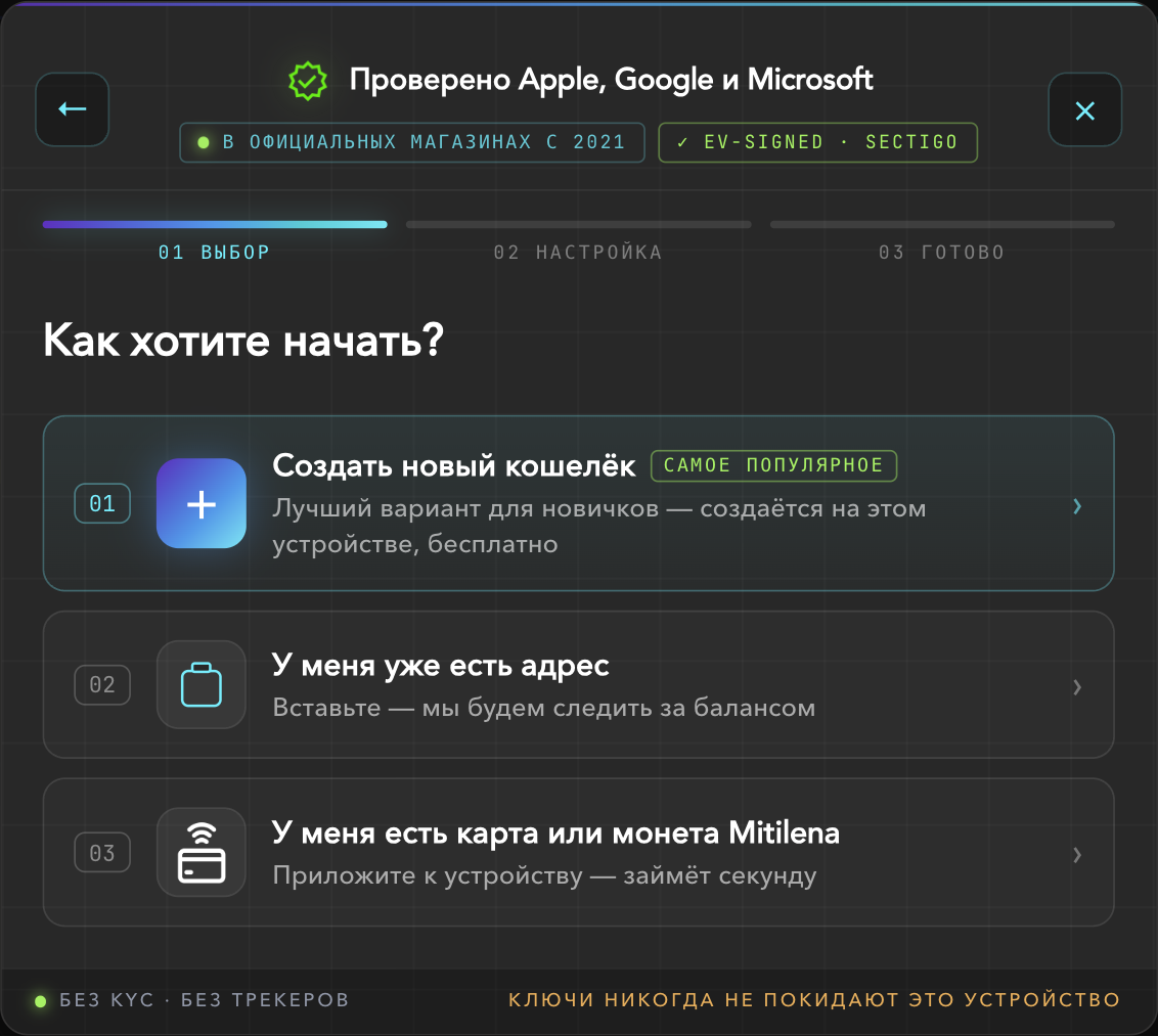 Skrini «Unataka kuanza vipi?» yenye «Unda mkoba mpya»